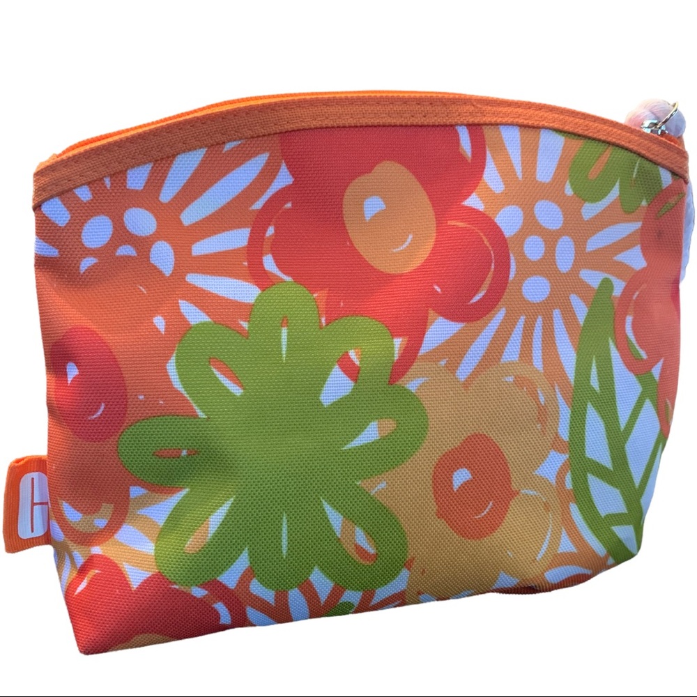 Clinique Orange and Green Flower Makeup Bag Carrying Case